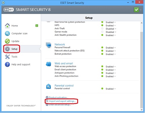 ESET Home Screen, Setup, Import and Export