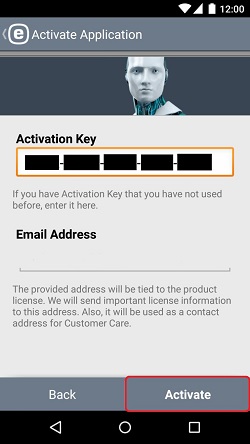 ESET Mobile Security, Activation Key Entry