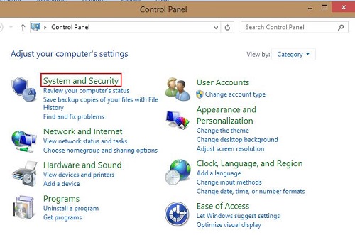 Windows Control Panel, System and Security