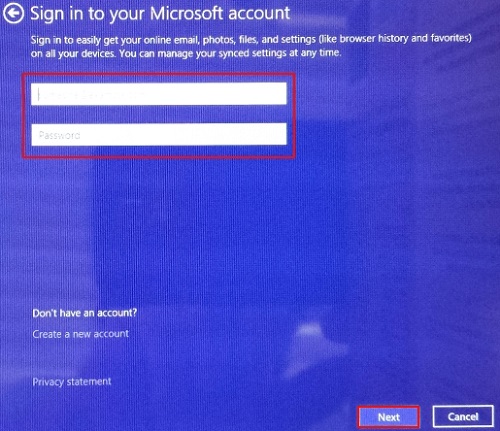 Microsoft Account, Enter Username and Password