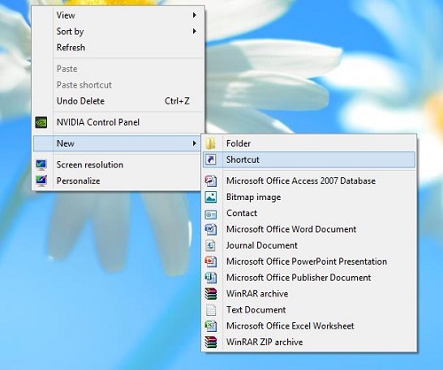 Windows Desktop Properties Menu, New, Shortcut