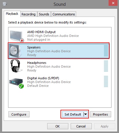 Windows 8 Sound Properties, Set Defaults