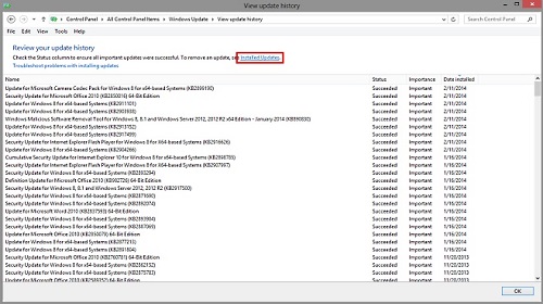 Windows Update History, Installed Updates