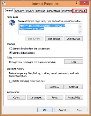Internet Explorer Options, Advanced Tab
