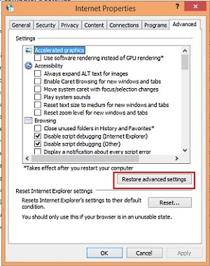 Internet Explorer Advanced Tab, Restore Advanced Settings