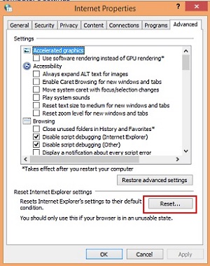 Internet Explorer Advanced Tab, Reset