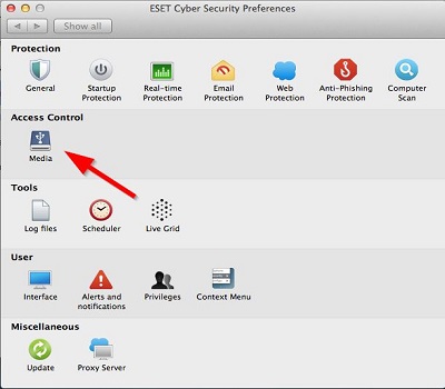 ESET Cyber Security Application Preferences, Media