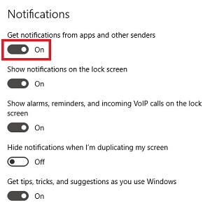 Windows 10 Notifications, Toggle settings