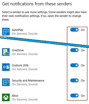 Windows 10 Notifications, Toggle Options