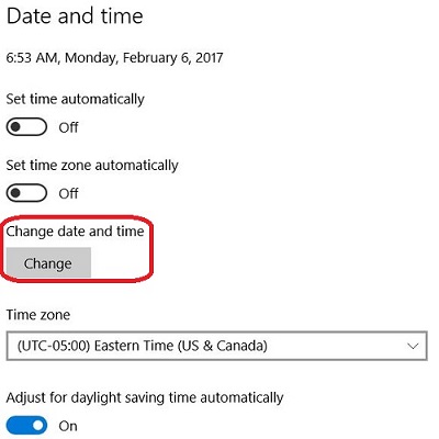 Windows 10 time change button