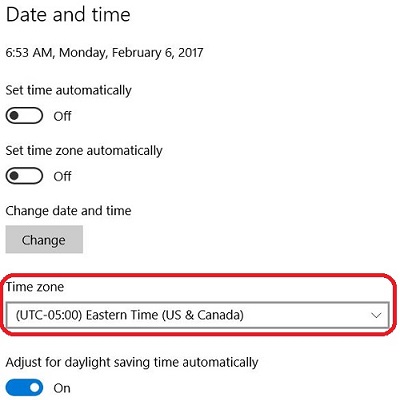 Windows 10 select time zone