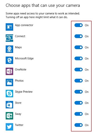 Windows 10 Camera Settings, Privacy options