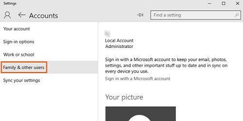 Windows 10 Accounts, Family and Other Users