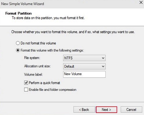 Simple volume Wizard, Format Partition, Next