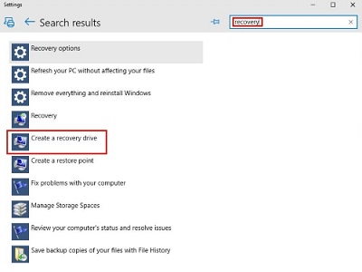 Windows 10 Settings, Create Recovery Drive