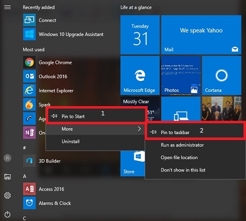 Windows 10 Start Menu Apps and Options