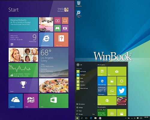 Before and after screen shots of WinBook Tablet Windows 8 Desktop then Windows 10 Desktop