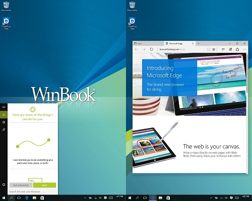 Windows 10 Cortana screen and Microsoft Edge screen