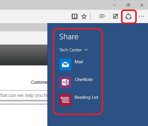 Edge browser share options
