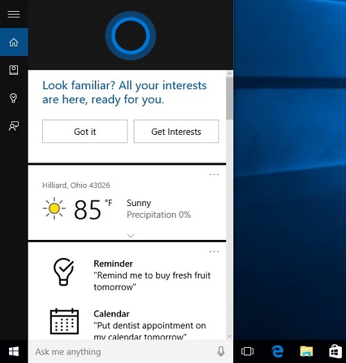Cortana example personalized information