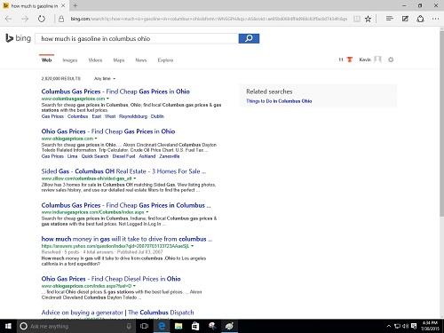 Cortana's Bing search results page