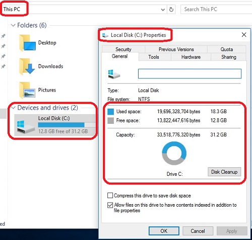 File Explorer, C Drive, Properties, Disk Cleanup