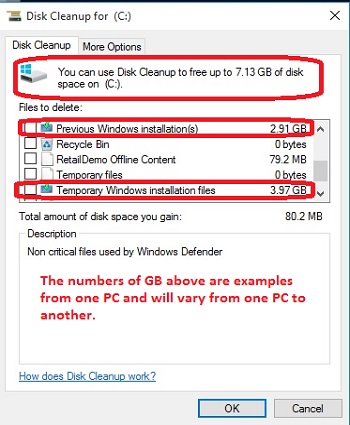 Disk Cleanup options displayed