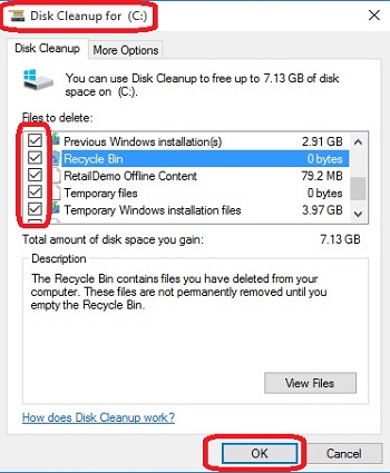 Disk Cleanup options selected, OK button