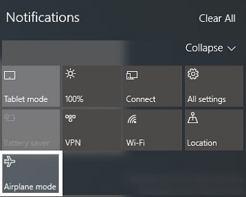 Windows 10 Notifications, Airplane Mode