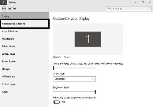 Windows 10 System Settings, Display, Notifications and Actions