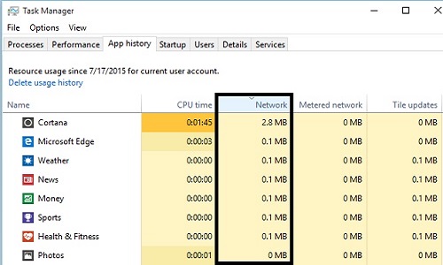 Windows 10 Task Manager App History, Network Resource Usage