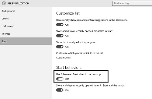 Windows 10 Personalization, Start settings