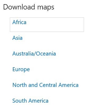 Windows 10 Download Maps Settings, Continent