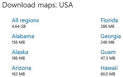 Windows 10 Download Maps Settings, US States