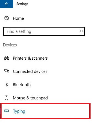 Windows 10 Device Settings, Typing