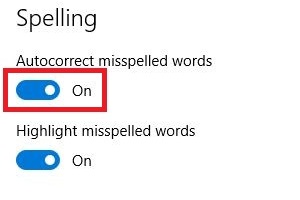 Windows 10 Spelling, Toggle Settings