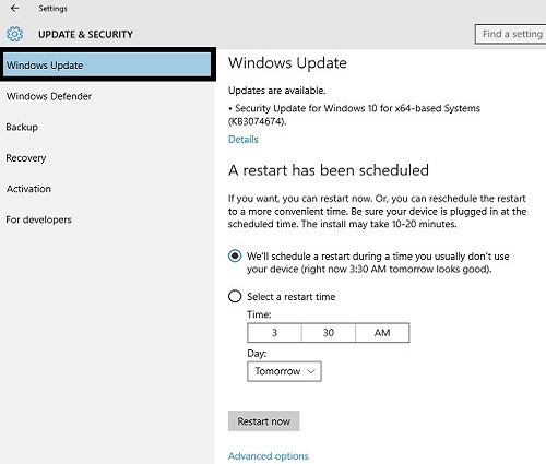 Windows 10 Update and Security window