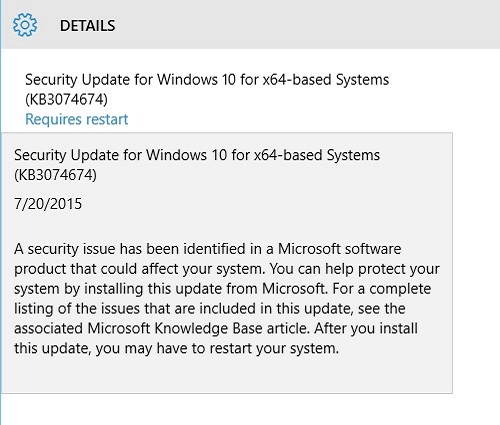 Windows Update details window