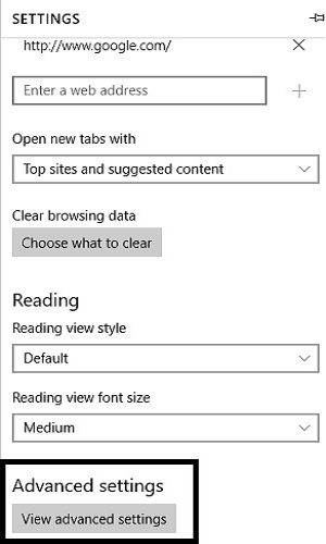 Microsoft Edge settings, Advanced settings
