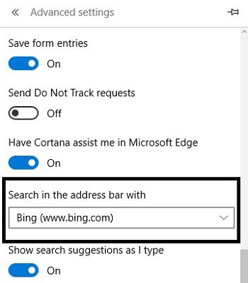 Microsoft Edge advanced settings toggle choices
