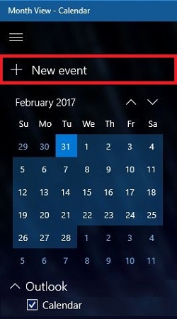 Windows 10 Calendar, New Event