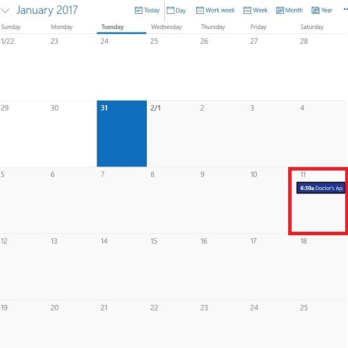 Windows 10 Calendar Even on Calendar