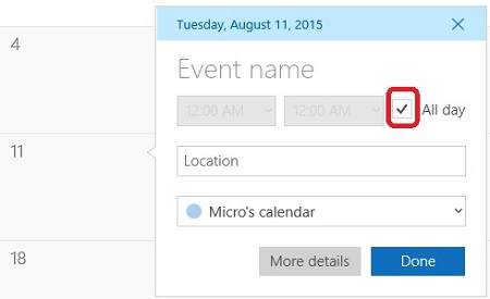 Windows 10 Calendar Event Box