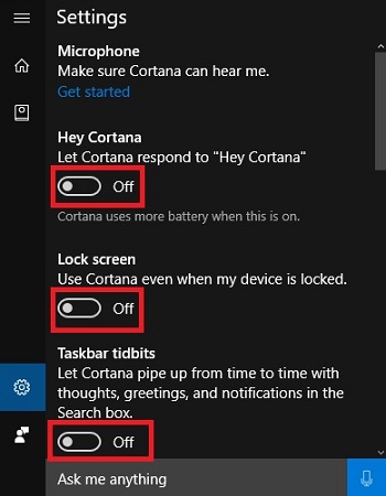 Windows 10 Cortana Settings Toggle