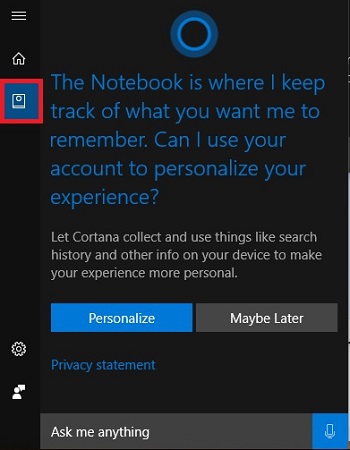 Windows 10 Cortana General Settings, Notebook
