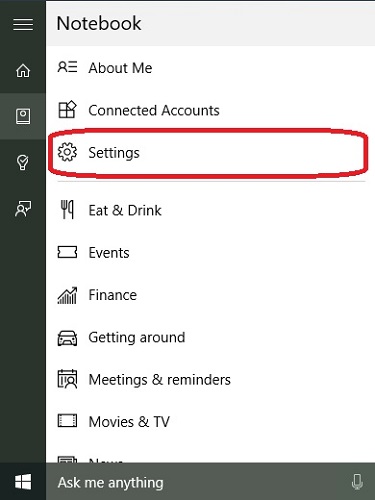Windows 10 Cortana Settings, Notebook