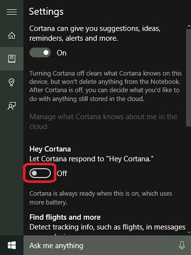 Windows 10 Cortana Settings, Hey Cortana, toggle