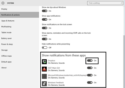 Windows 10 Notifications, Toggle Choices