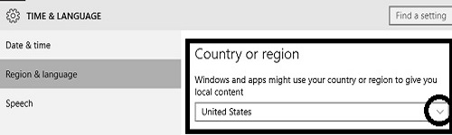 Windows 10 Time & Language Region Settings, choices