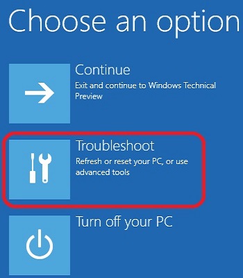 Windows 10 Startup Options, Troubleshoot